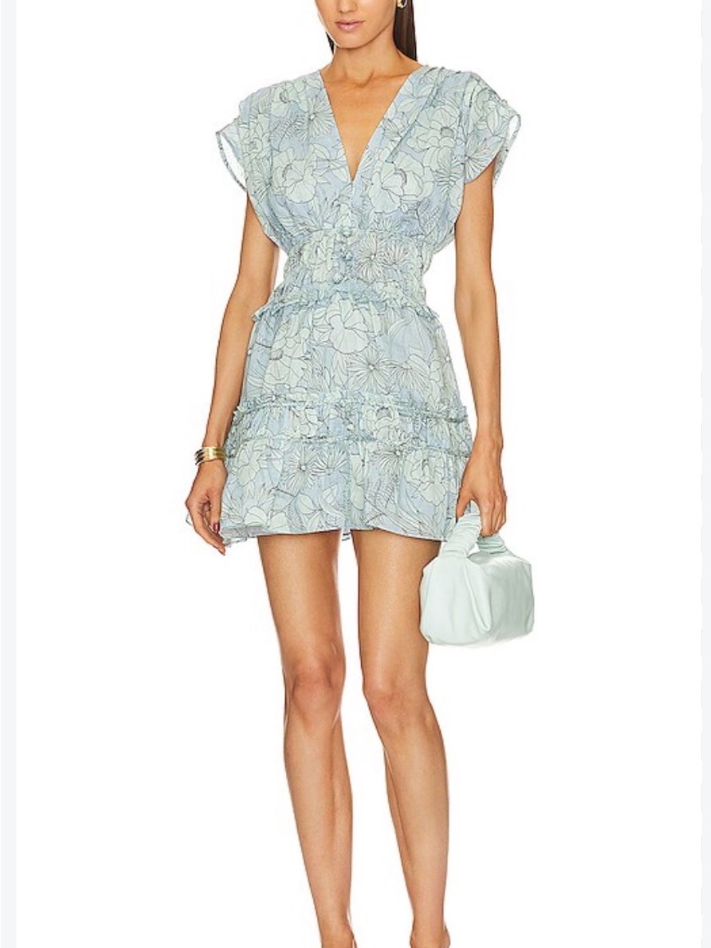 Alexis Pale Blue Floral V-Neck Ruffle Mini Dress